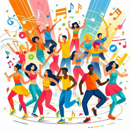 Group of dancing people. Vector illustration in flat style. Group of young people.のイラスト素材