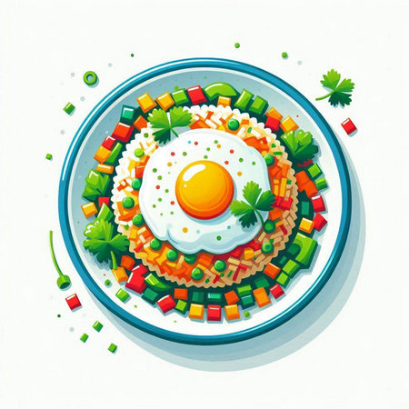 Fried egg with vegetables and greens in a plate. Vector illustration.のイラスト素材