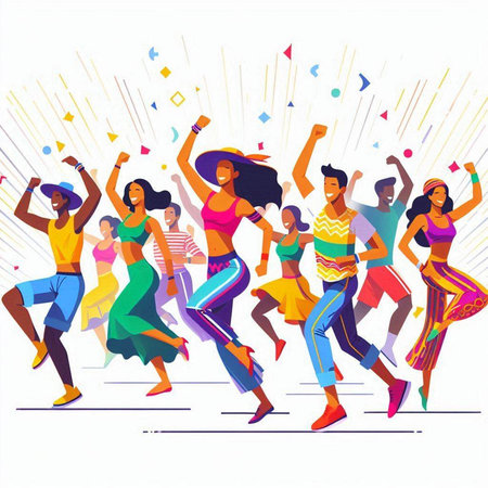 Happy dancing people. Group of young men and women in colorful clothes. Vector illustration.のイラスト素材