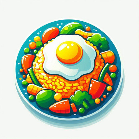 Illustration of fried egg on plate with vegetables. Vector illustration.のイラスト素材