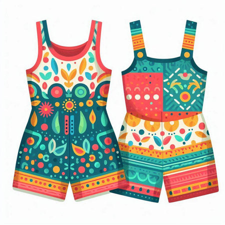 Women's summer clothes with ethnic ornament. Bright colorful design. Vector illustration.のイラスト素材