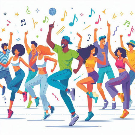Dancing people. Vector illustration in cartoon style. Group of young people dancing.のイラスト素材