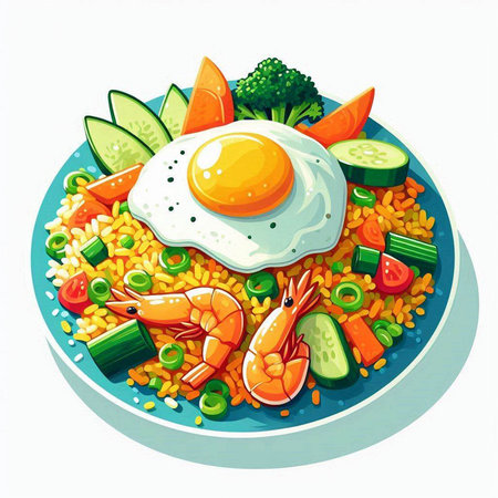 Fried rice with shrimp and vegetables in a plate. Vector illustration.のイラスト素材