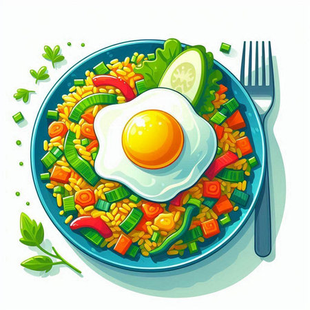 Healthy breakfast with fried egg and vegetables on plate. Vector illustration.のイラスト素材