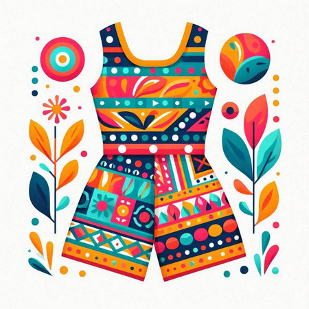 Vector fashion illustration with colorful hand drawn doodle elements and female dressのイラスト素材