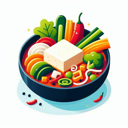 Vegetable salad with tofu in a frying pan. Vector illustration.のイラスト素材