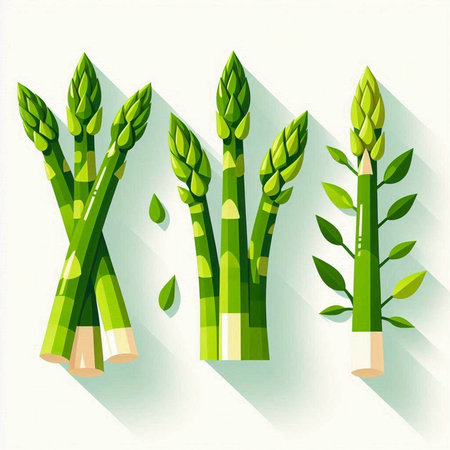 Set of green asparagus with long shadow. Vector illustration.のイラスト素材