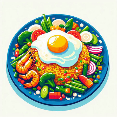 Fried rice with shrimp, vegetables and egg. Vector illustration.のイラスト素材