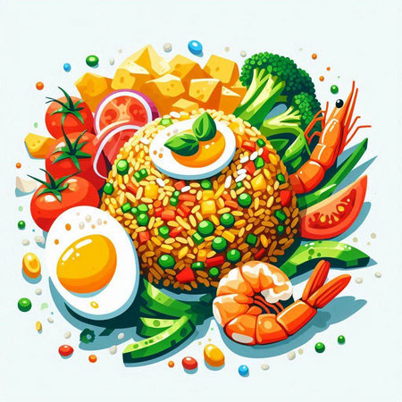 Illustration of fried rice with shrimp, egg and vegetables on white backgroundのイラスト素材
