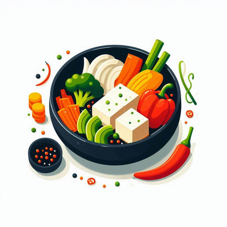 Vegetable salad in a frying pan with vegetables. Vector illustration.のイラスト素材