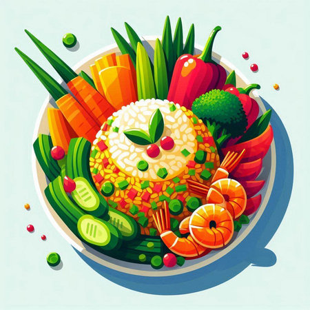 Vegetarian dish with rice, prawns, carrots, cucumbers and greens. Vector illustration.のイラスト素材