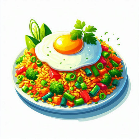 Vegetable salad with egg on plate. Healthy food. Vector illustration.のイラスト素材