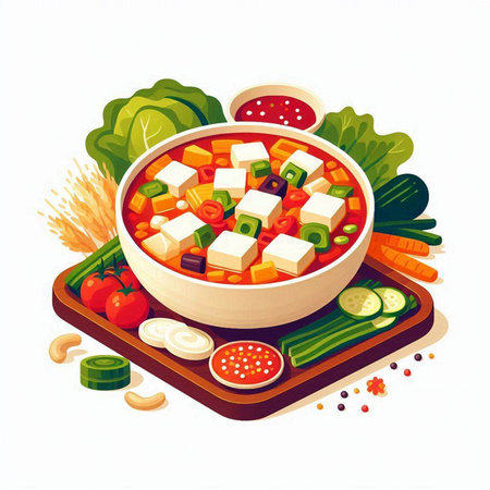 Vegetable salad in a bowl on a wooden board. Vector illustration.のイラスト素材