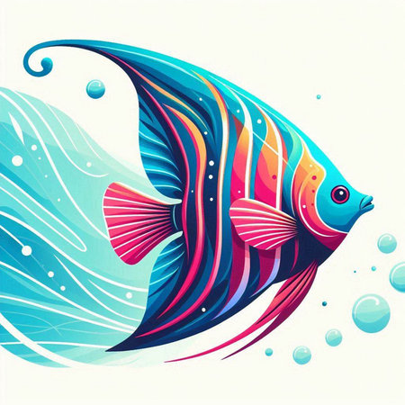 Vector illustration of a colorful fish on a white background with waves.のイラスト素材