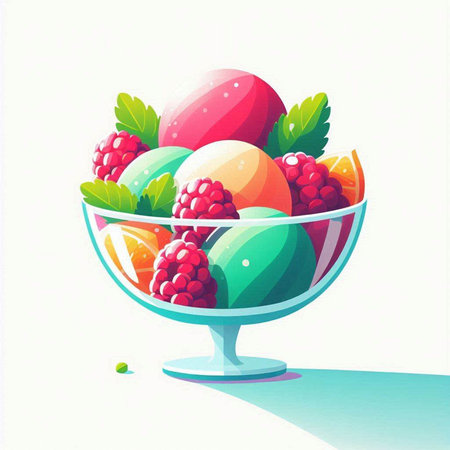 Vector illustration of colorful ice cream with berries in a glass vaseのイラスト素材