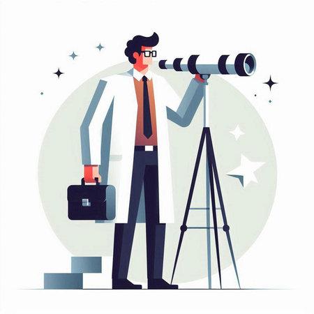 Vector illustration of a businessman looking through a telescope in a flat styleのイラスト素材