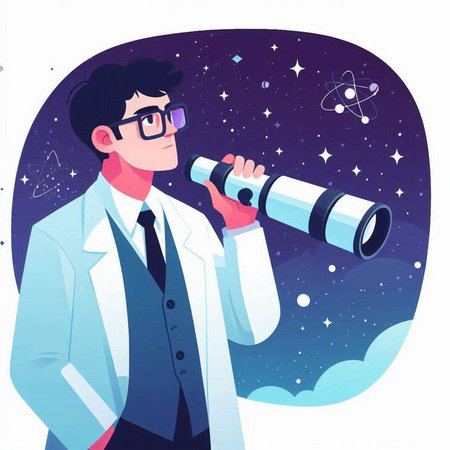 Scientist looking through a telescope. Vector illustration in cartoon style.のイラスト素材