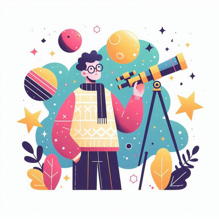Man looking through a telescope. Vector illustration in flat cartoon style.のイラスト素材