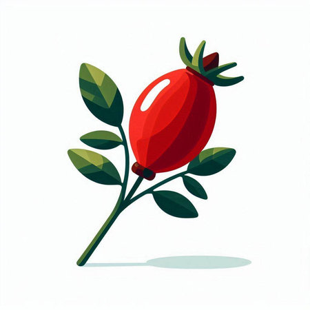 Red rosehip branch with leaves on a white background, vector illustrationのイラスト素材