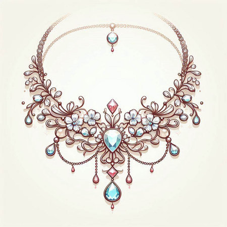 Hand drawn vector illustration of a necklace with precious stones and flowers.のイラスト素材