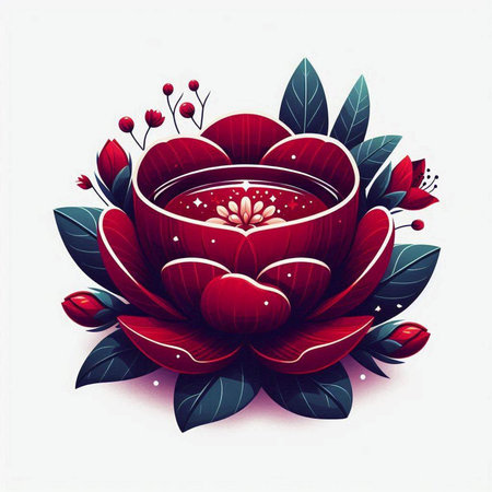 vector illustration of a red flower with leaves and a cup of teaのイラスト素材