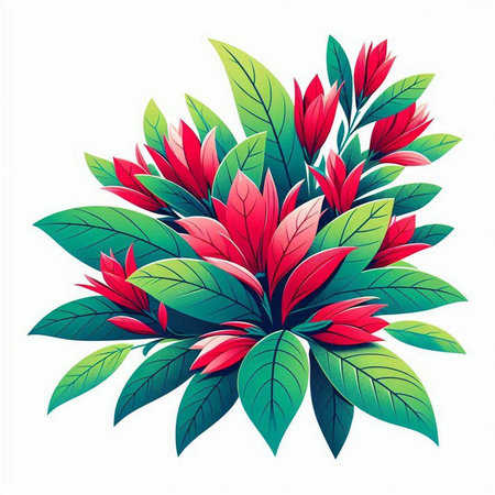 Red flowers and green leaves isolated on white background. Vector illustration.のイラスト素材