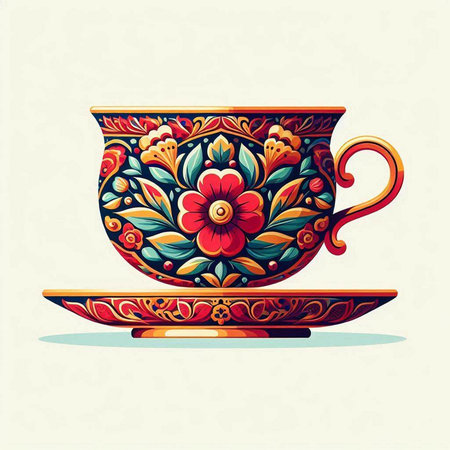 Vintage porcelain cup with floral ornament. Vector illustration.のイラスト素材