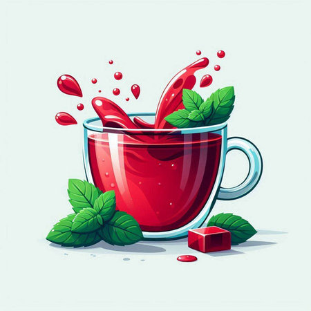Cup of tea with mint leaves and drops. Vector illustration.のイラスト素材