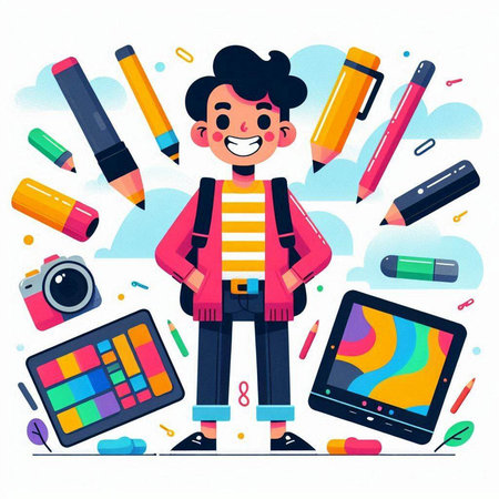 Boy with school supplies. Back to school concept. Vector illustration.のイラスト素材