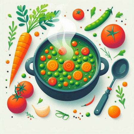 Vegetable soup in a pan with vegetables. Vector illustration.のイラスト素材