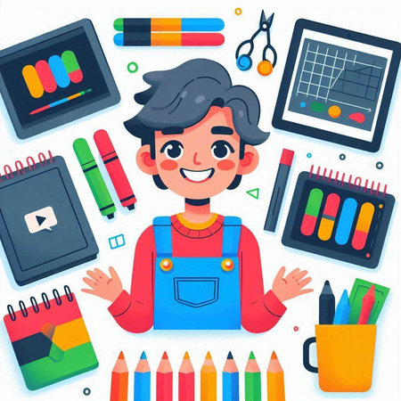 Cute little boy with a lot of school supplies. Vector illustration.のイラスト素材
