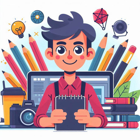 Young man with notebook and camera. Vector illustration in cartoon style.のイラスト素材
