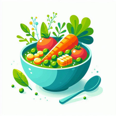 Vegetable salad in a bowl with a spoon. Vector illustration.のイラスト素材