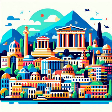 Vector illustration of Athens, Greece cityscape with famous landmarks and monuments.のイラスト素材