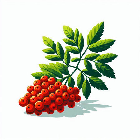 Rowan berry with green leaves isolated on white background. Vector illustration.のイラスト素材