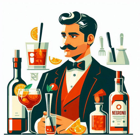 Bartender with a cocktail. Vector illustration in cartoon style.のイラスト素材