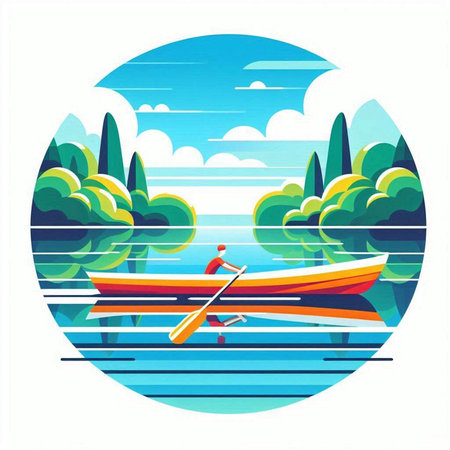 Vector illustration of a man rowing a boat in the lake.のイラスト素材