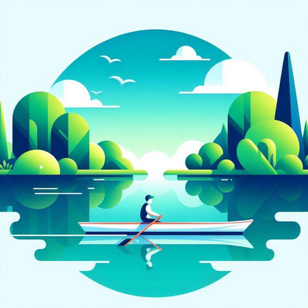 Fisherman in a boat on the lake. Vector illustration.のイラスト素材
