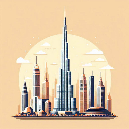 Dubai skyline with skyscrapers in flat style. Vector illustration.のイラスト素材
