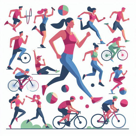 Set of sport people in flat style. Men and women running, jogging, cycling, cycling, running, cycling, running. Vector illustrationのイラスト素材