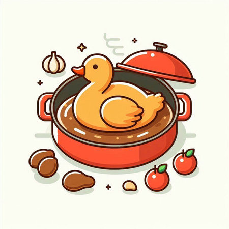 Cute duck in a saucepan. Vector illustration in cartoon style.のイラスト素材