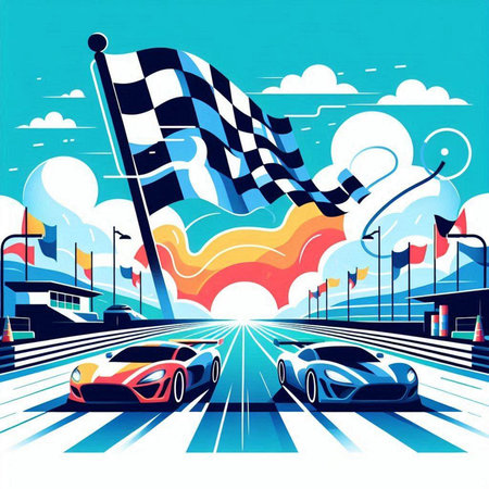 Race car on the road with checkered flag. Vector illustrationのイラスト素材