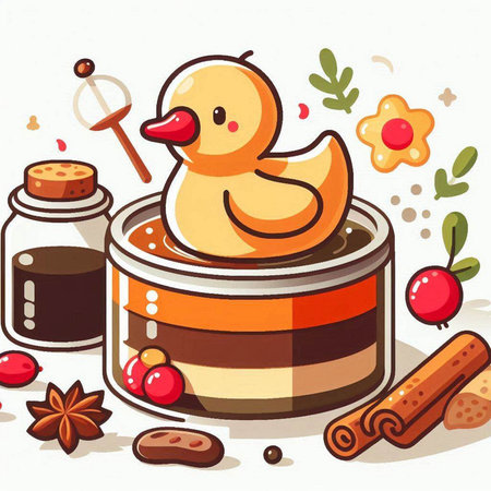 Illustration of a rubber duck in a pot with honey and cinnamonのイラスト素材