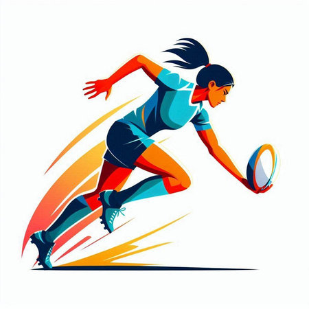 Female rugby player running with ball. Vector illustration isolated on white background.のイラスト素材
