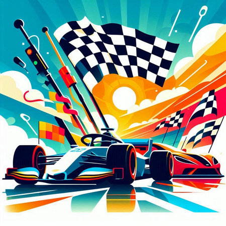 Race car on the race track with checkered flag, vector illustrationのイラスト素材