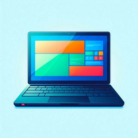 Laptop computer with colorful screen on blue background. Vector illustration.のイラスト素材