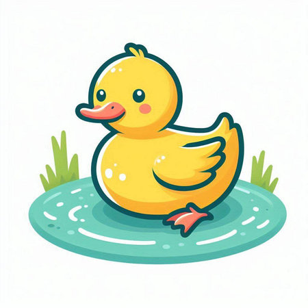 Cute yellow duckling swimming in the water. Vector illustration.のイラスト素材