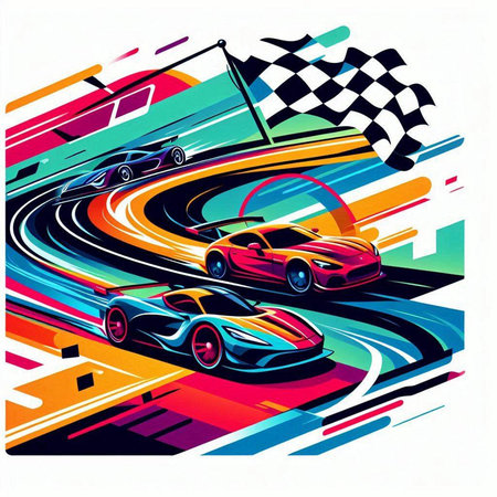 illustration of sport cars on the race track with checkered flagのイラスト素材