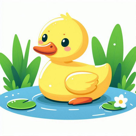 Illustration of a Cute Yellow Rubber Duck in the Pond.のイラスト素材
