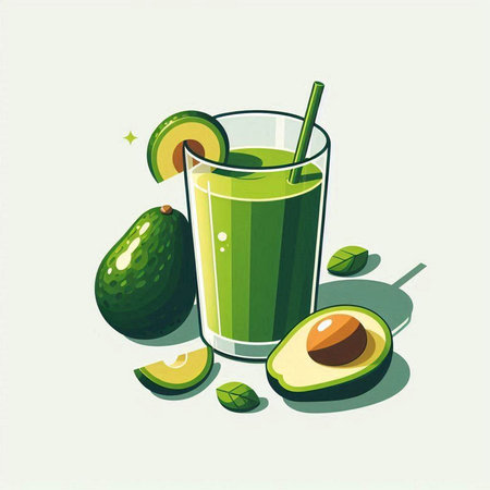 Avocado juice in a glass with a straw. Vector illustration.のイラスト素材